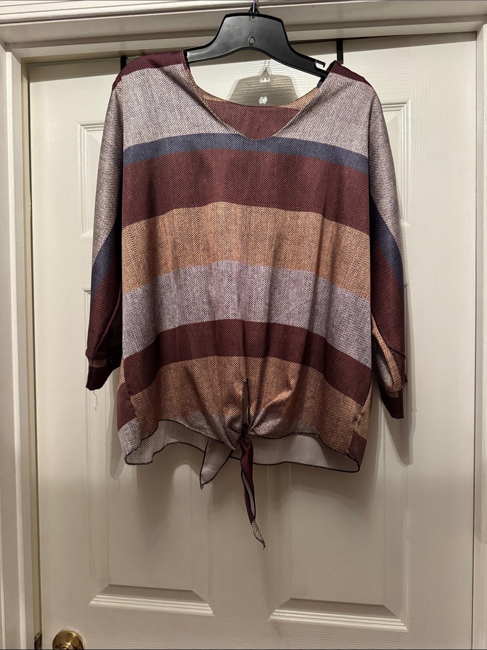 Striped Tie-Hem Women’s Top in Burgundy and Tan